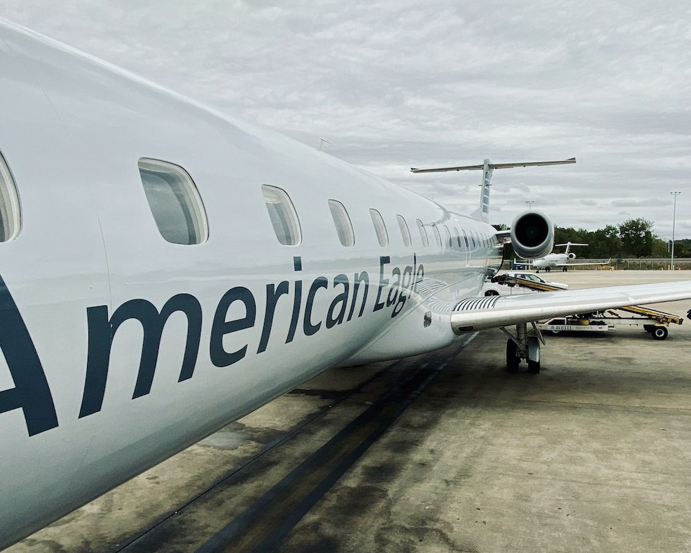 View of an American Airlines regional jet during boarding.