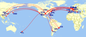 Route map showing the dozens of routes where the author has successfully applied American Airlines systemwide upgrades