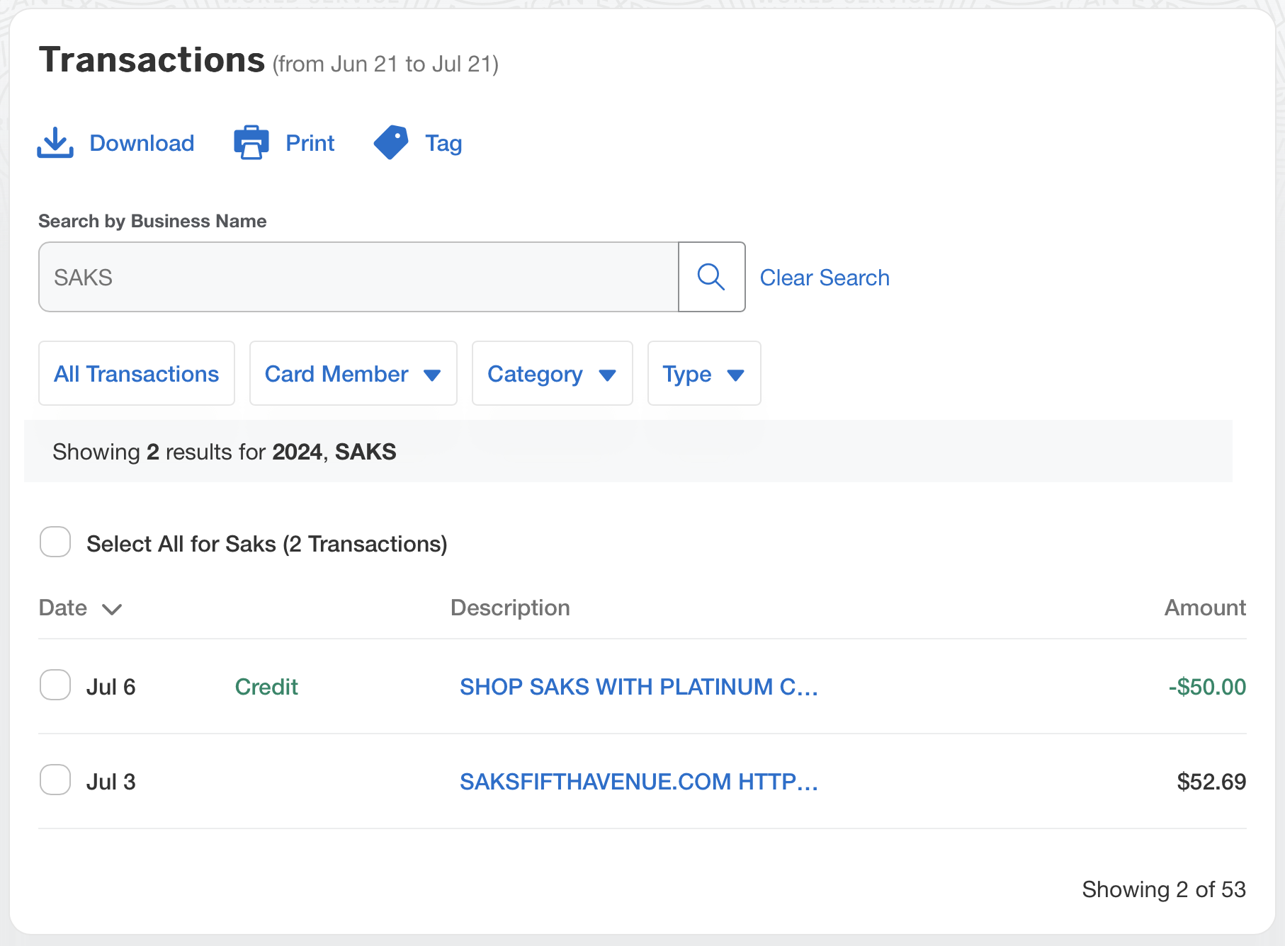 Saks Credit reflected on Amex statement.