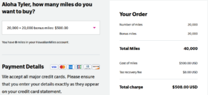 Screenshot showing buying 40,000 HawaiianMiles for $508