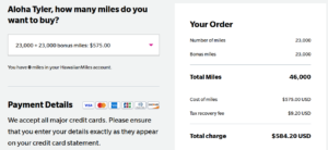 Screenshot showing buying 46,000 HawaiianMiles for $584