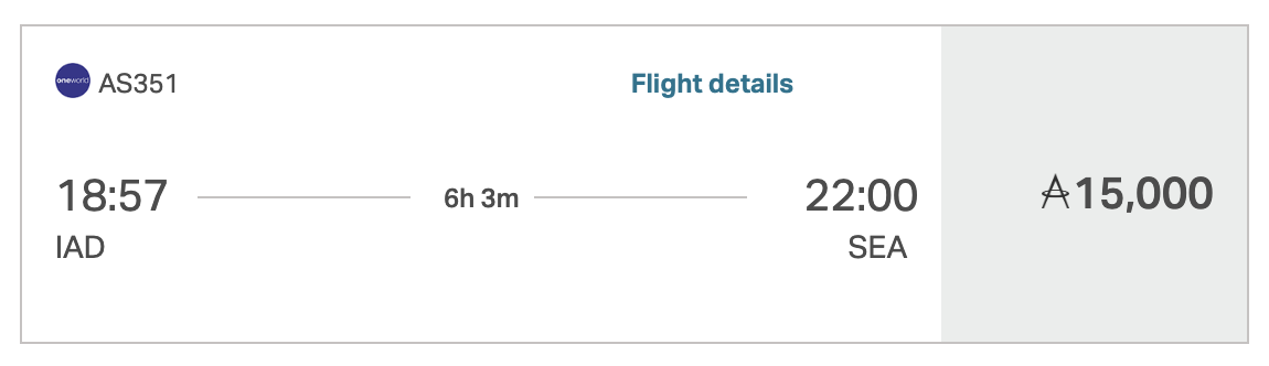 Alaska Airlines award from IAD to SEA for 15K Asia Miles.