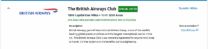 Screenshot of transfer bonus from Capital One to British Airways