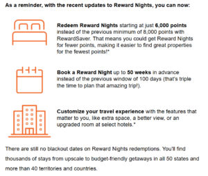 Screenshot of email from Choice Hotels about 50-week booking window, reward nights starting at 6k points, and other new options