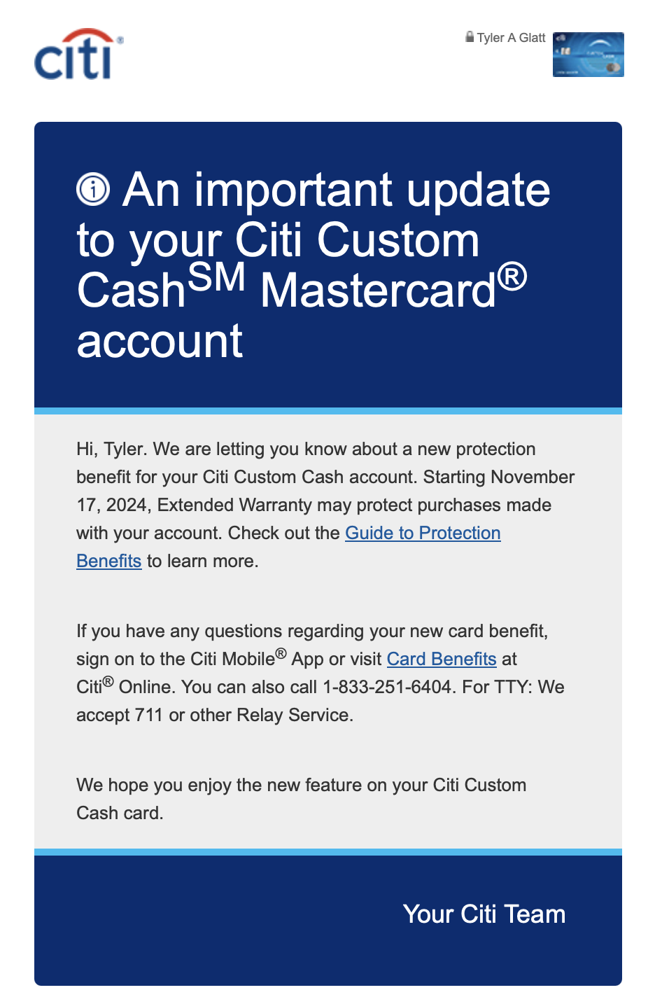 Citi email informing eligible cardholders of a new warranty benefit.