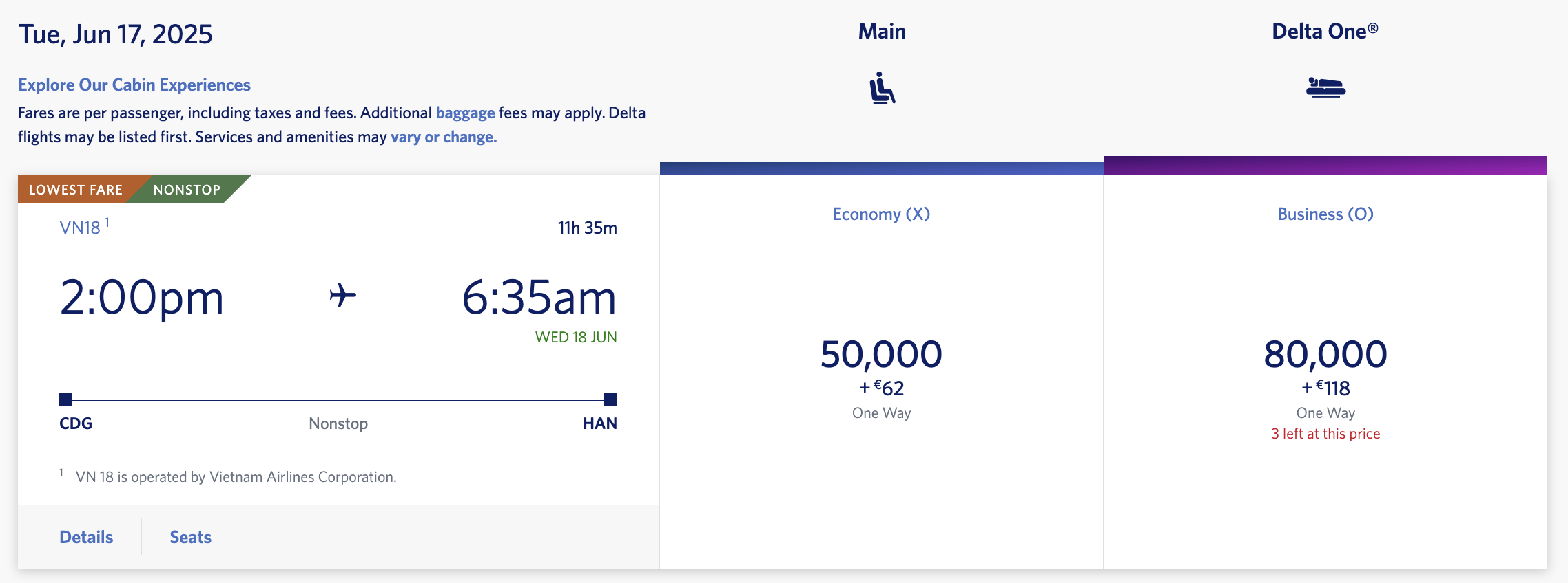 Vietnam Airlines award from CDG to HAN via Delta.