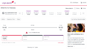 Screenshot of Virgin Atlantic Flying Club award search results from Atlanta to Nassau showing availability at 11,000 points one-way
