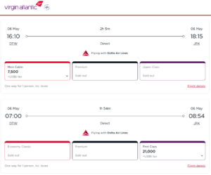 Screenshot showing Virgin Atlantic award search results from Detroit to New York Kennedy