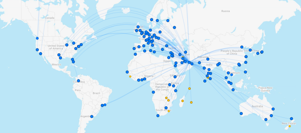route map showing Emirates routes with Emirates First Class