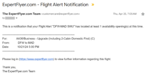 Email from ExpertFlyer alerting about American Airlines systemwide upgrade availability
