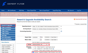 Screenshot of ExpertFlyer search window showing how to search American Airlines systemwide upgrades