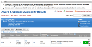 ExpertFlyer American Airlines systemwide upgrade availability search results