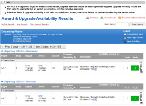 ExpertFlyer American Airlines systemwide upgrade availability search results