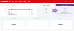 Screenshot of LifeMiles award search results from Frankfurt to Mexico City for 96k LifeMiles