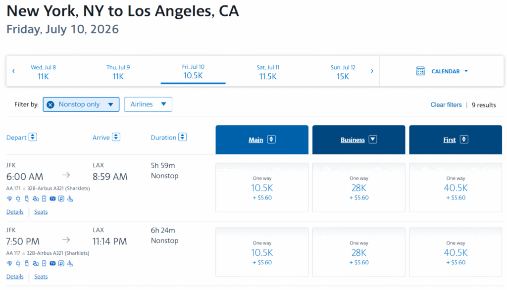 Screenshot showing American Airlines AAdvantage award pricing from New York to Los Angeles