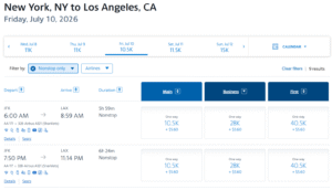 Screenshot showing American Airlines AAdvantage award pricing from New York to Los Angeles