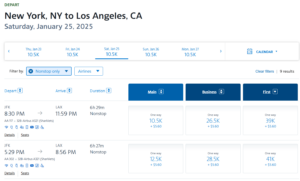 Screenshot showing American Airlines AAdvantage award pricing from New York to London
