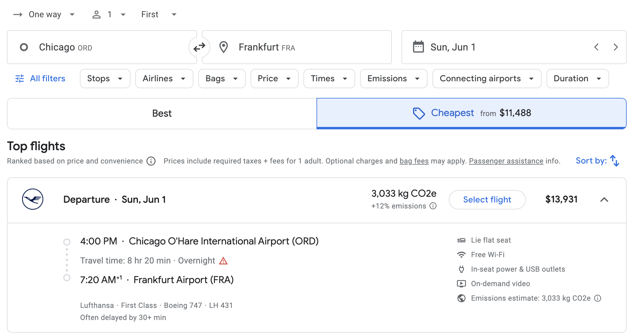 Google Flights results for Lufthansa First Class between ORD and FRA.