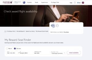 Qatar Airways My Reward Seat Finder landing page