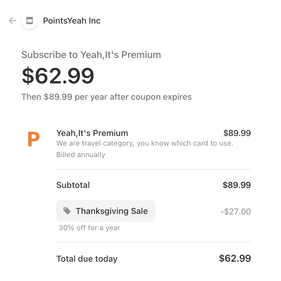 PointsYeah checkout screen
