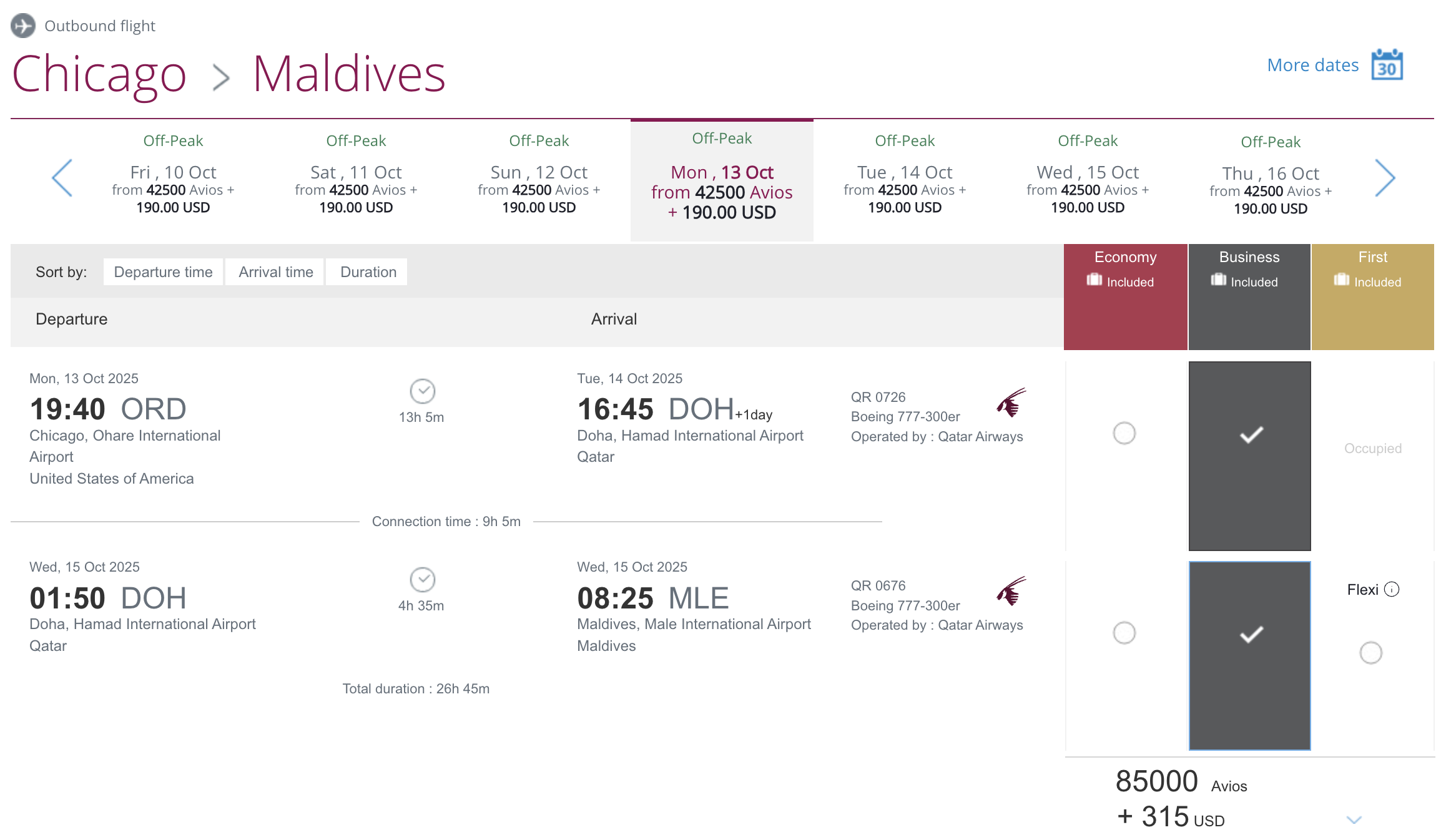 Qatar Airways Qsuite award from ORD to MLE via DOH