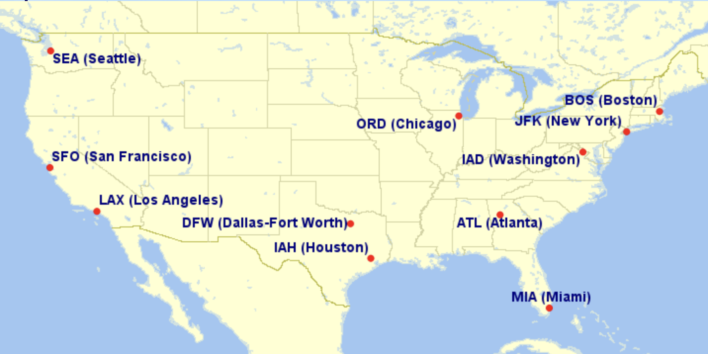 Great Circle Mapper map of Qatar's U.S. destinations.