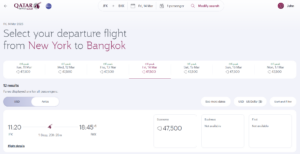 Screenshot of Qatar My Reward Seat Finder results from New York to Bangkok