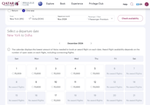 Screenshot showing Qatar My Reward Seat Finder from New York to Doha