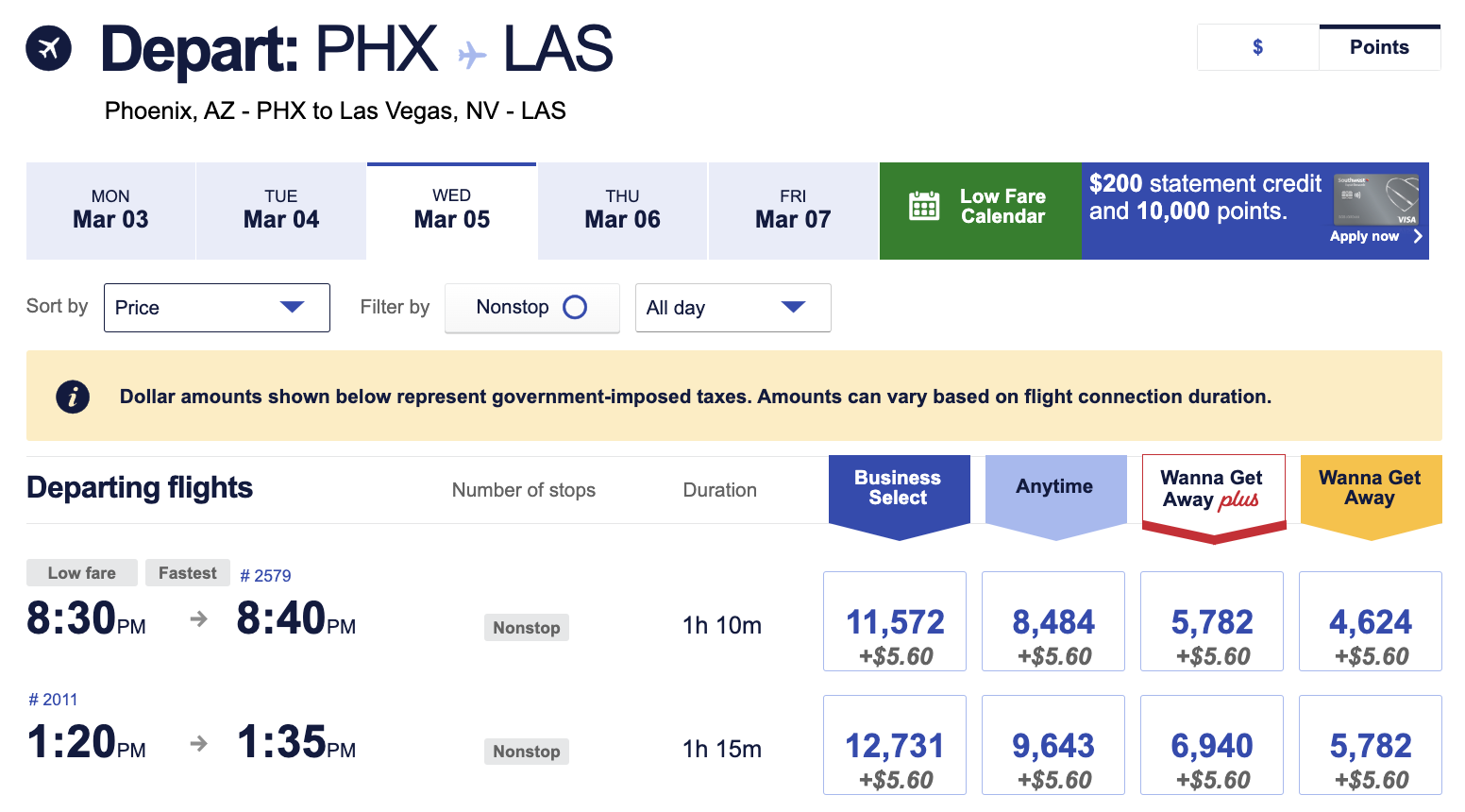 Southwest award fare results for PHX to LAS.