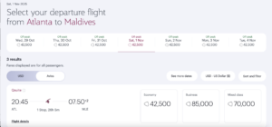 Qatar Airways awards from ATL to MLE via DOH