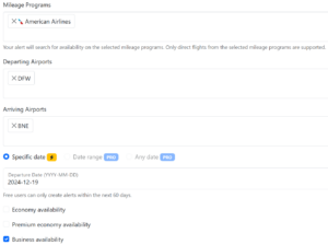 Screenshot showing Seats.Aero alert creation for business class award availability from Dallas to Brisbane