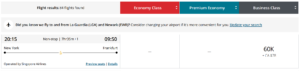 Screenshot of Singapore Airlines award from New York to Frankfurt via Air Canada Aeroplan
