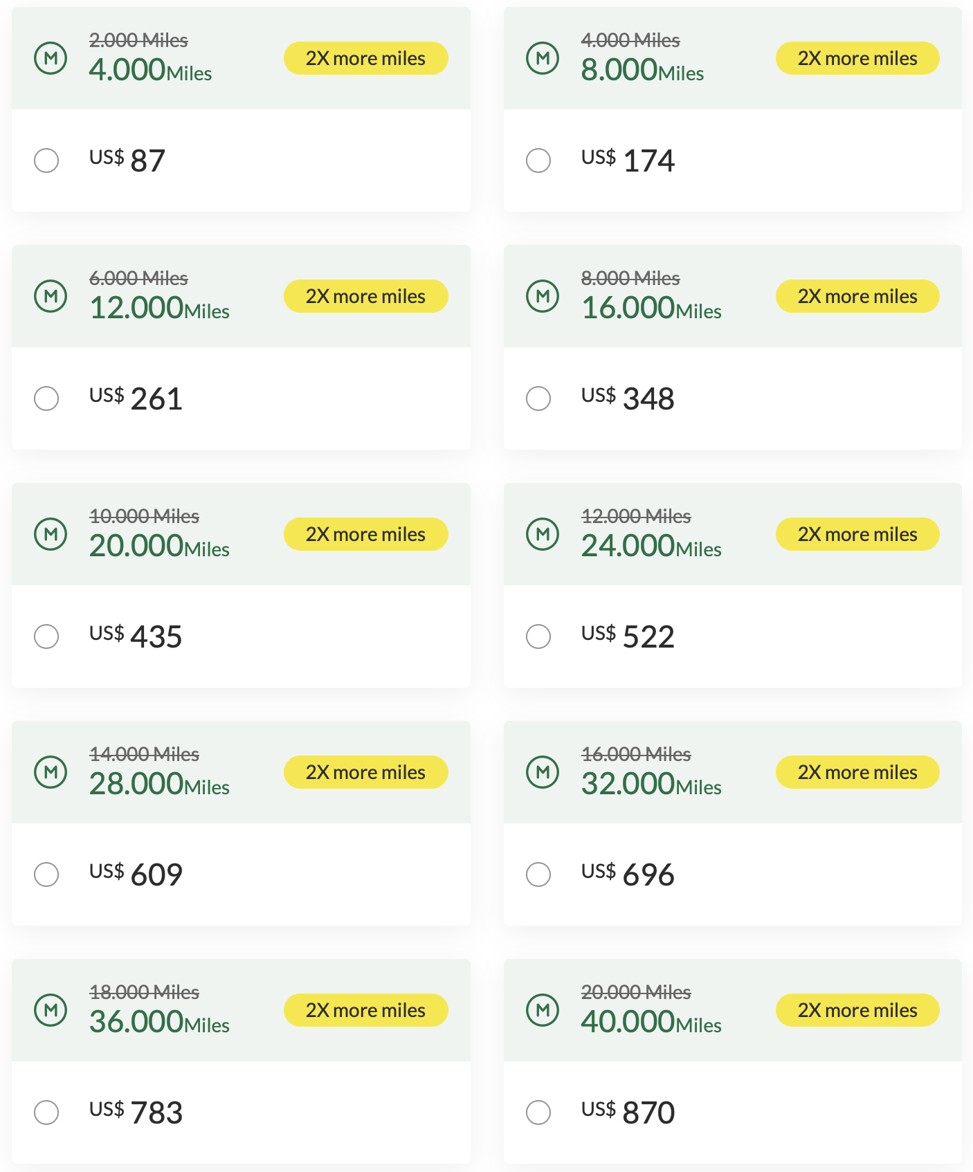 Buy TAP miles (in USD)