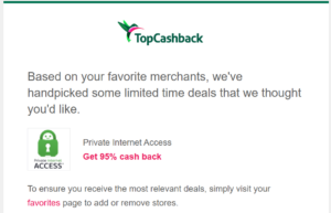 Screenshot of TopCashback email