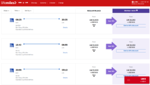 Screenshot of LifeMiles award from Newark to London for 22,500 LifeMiles