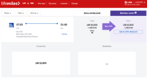 Screenshot of LifeMiles award from Los Angeles to Honolulu for 15,000 LifeMiles