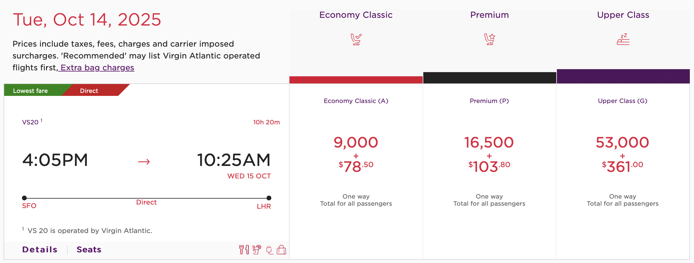 Virgin Atlantic awards from SFO to LHR.