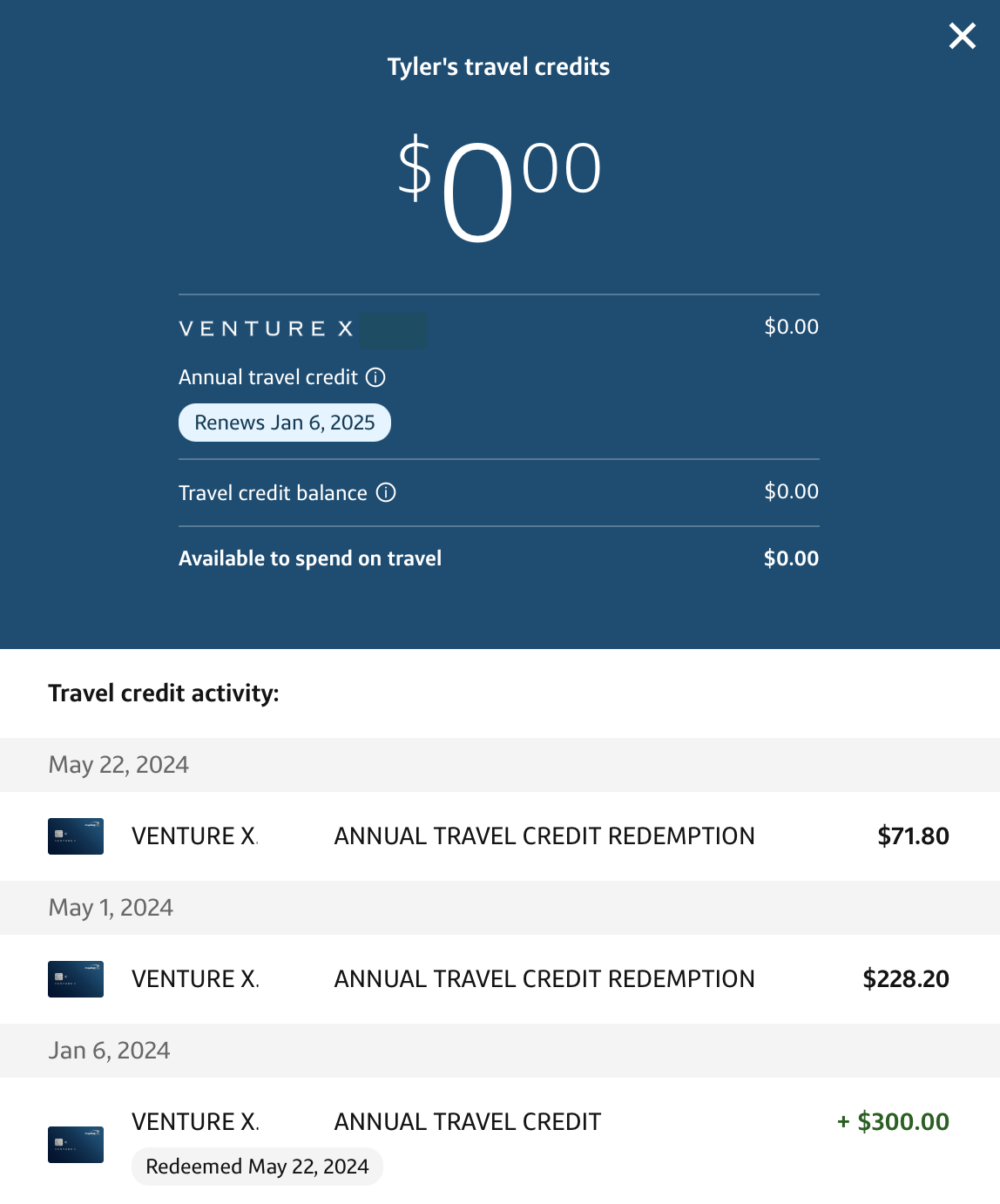 Venture X Travel Credit Details