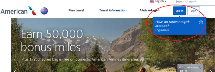A screen shot of the sign in screen for American Airlines