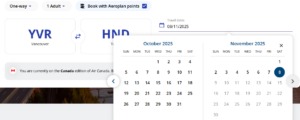 How far in advance can you book award flight tickets? Screenshot of Aeroplan booking calendar as far in the future as possible