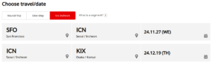 Example Asiana Airlines stopover added to an award search from SFO to KIX