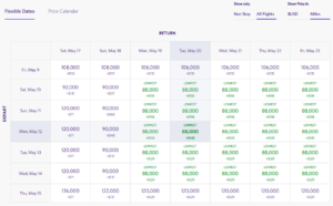 Flexible date search view for Delta SkyMiles awards.