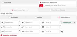 Emirates advanced award search that allows stopovers