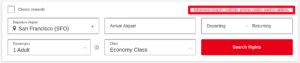 Emirates search form with origin and destination and date boxes