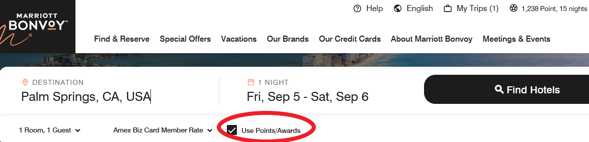 A screen shot of the search page for Marriott