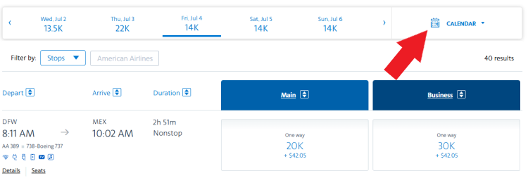 Screen Shot from AA showing search results from an award flight search