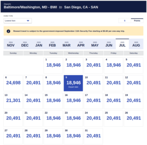 Southwest low fare calendar for BWI to SAN