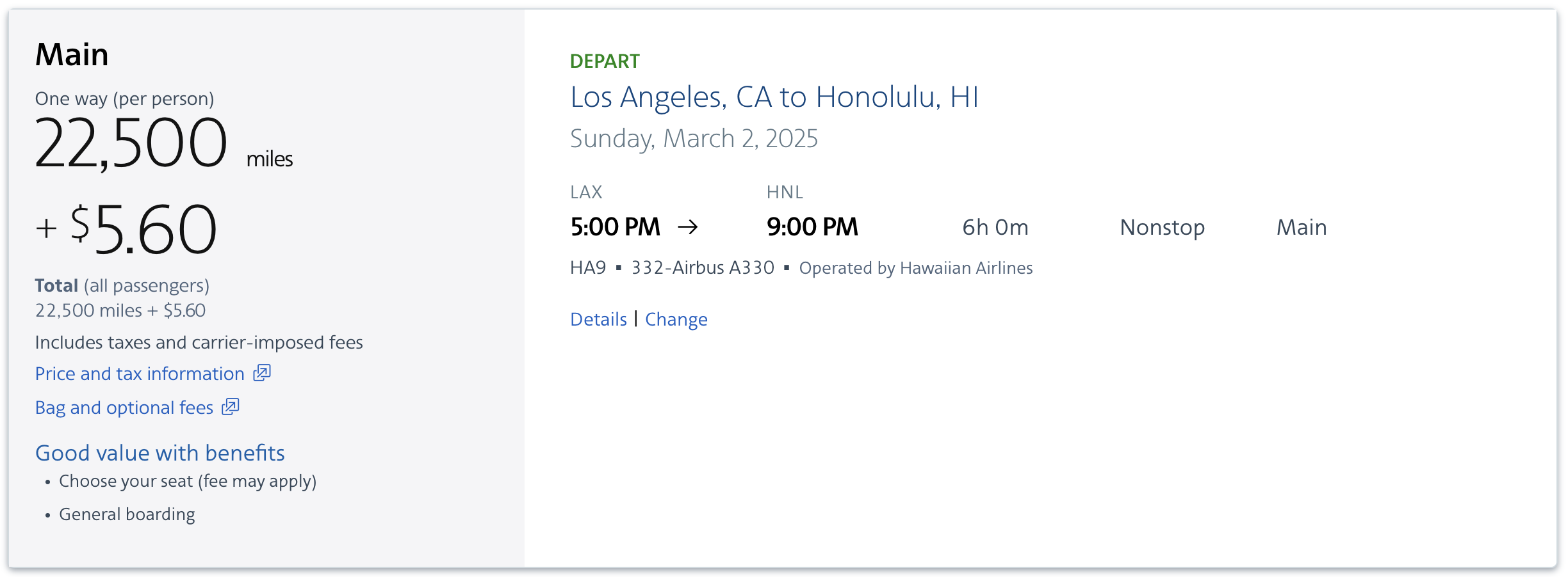 LAX to HNL for 22.5k AA miles