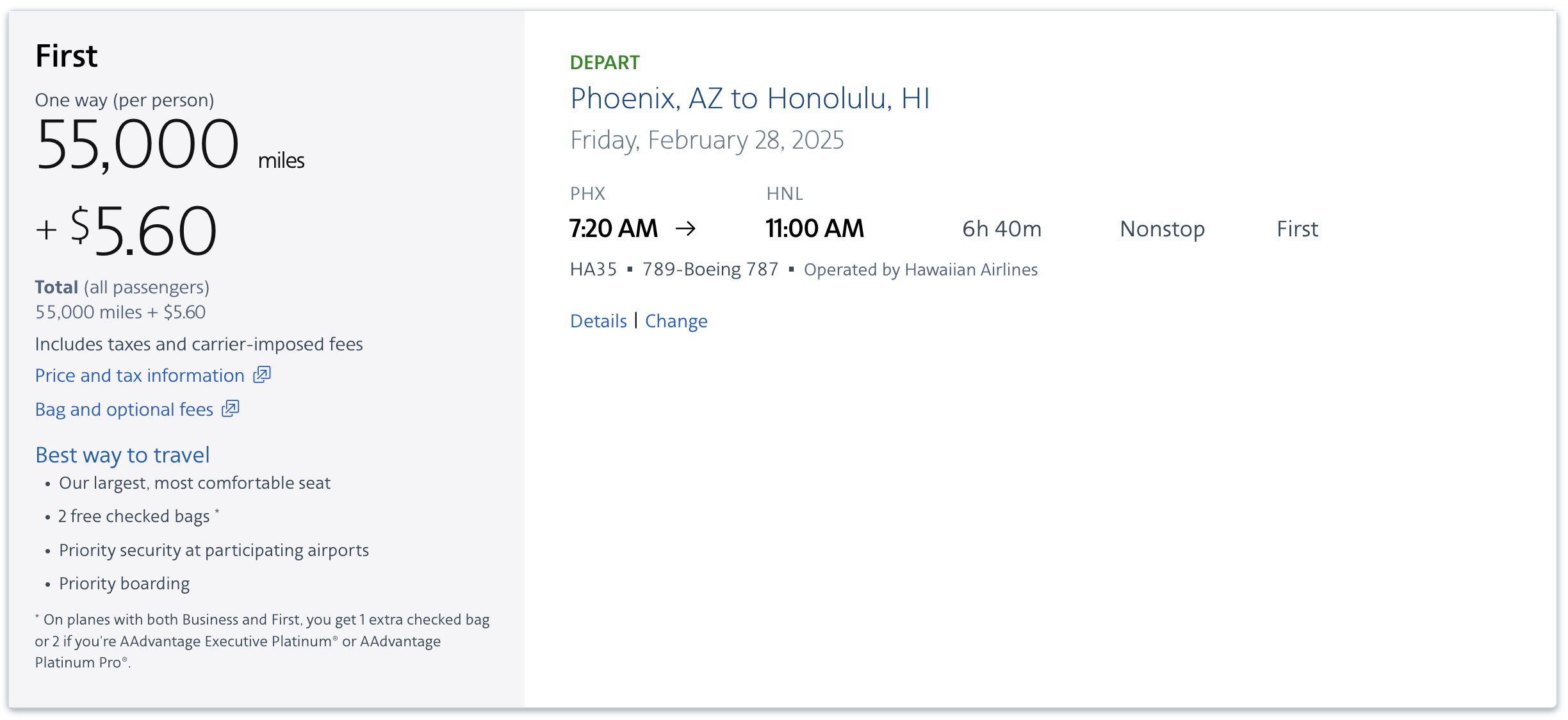 Hawaiian Airlines award from PHX to HNL