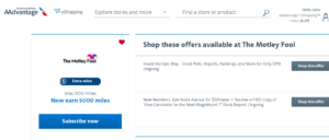 Screenshot showing AAdvantage eShopping portal earnings for Motley Fool subscription